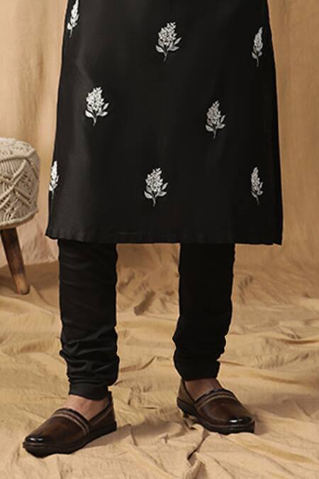 Kudrat Couture_Black Chanderi Silk Embroidered Pearl Motif Kurta And Churidar Set_Online_at_Aza_Fashions