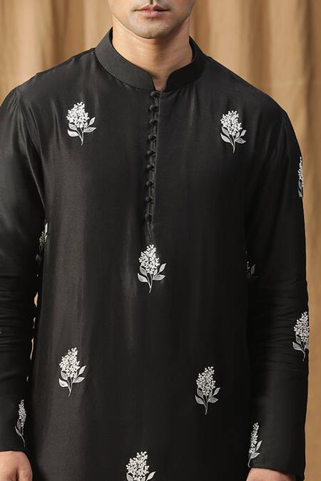 Buy_Kudrat Couture_Black Chanderi Silk Embroidered Pearl Motif Kurta And Churidar Set_Online_at_Aza_Fashions