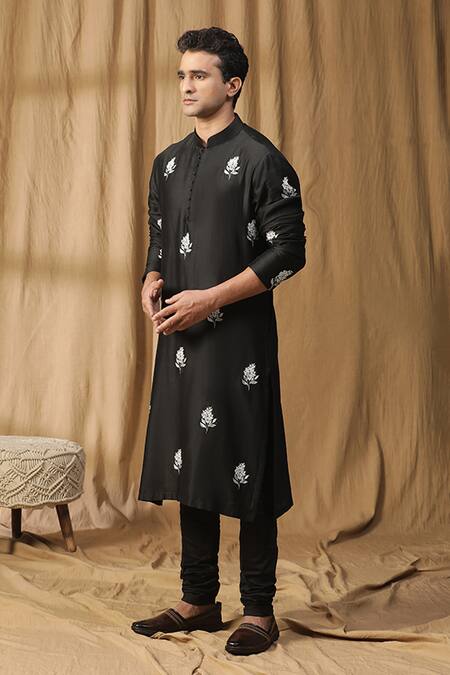 Shop_Kudrat Couture_Black Chanderi Silk Embroidered Pearl Motif Kurta And Churidar Set_Online_at_Aza_Fashions