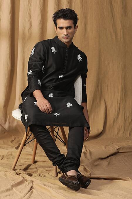 Kudrat Couture_Black Chanderi Silk Embroidered Pearl Motif Kurta And Churidar Set_at_Aza_Fashions