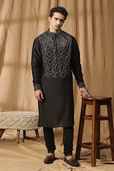 Kudrat Couture Black Chanderi Silk Embroidered Gota Zari Kurta And Churidar Set 