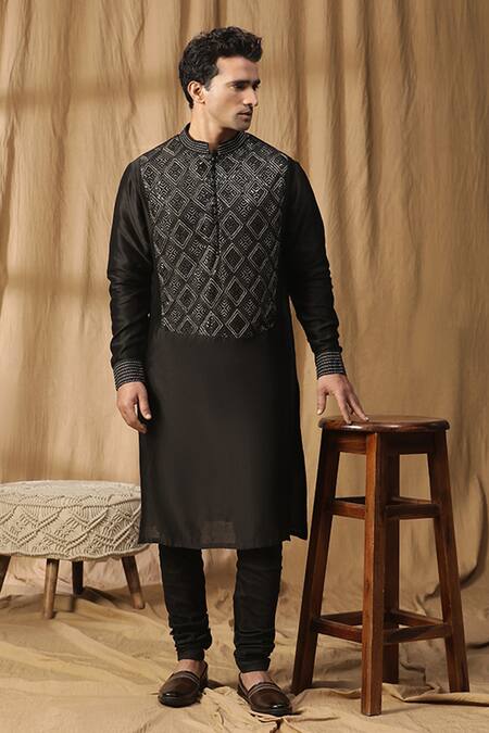 Kudrat Couture_Black Chanderi Silk Embroidered Gota Zari Kurta And Churidar Set_Online_at_Aza_Fashions