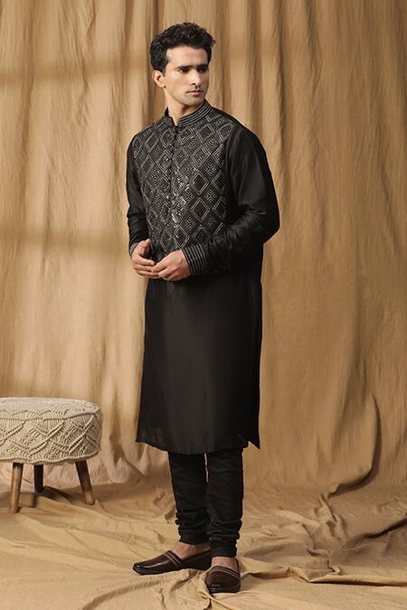 Shop_Kudrat Couture_Black Chanderi Silk Embroidered Gota Zari Kurta And Churidar Set_Online_at_Aza_Fashions