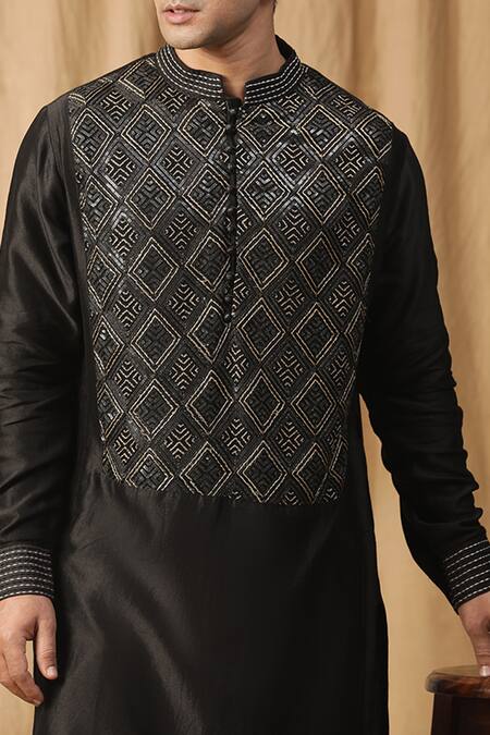 Kudrat Couture_Black Chanderi Silk Embroidered Gota Zari Kurta And Churidar Set_at_Aza_Fashions