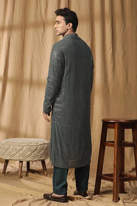 Shop_Kudrat Couture_Green Georgette Embroidered Sequin Kurta And Pant Set_Online_at_Aza_Fashions