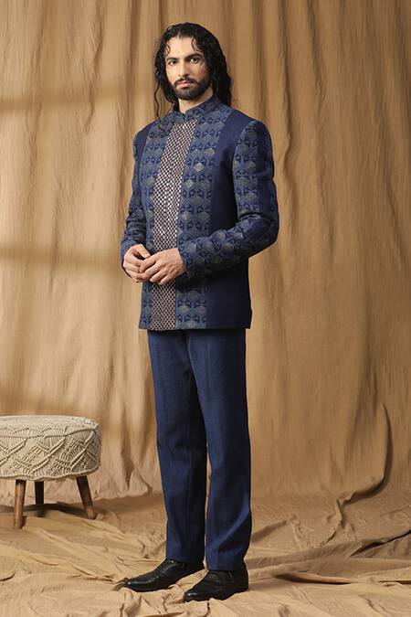 Kudrat Couture_Blue Georgette Embroidered Mirror Neel Sheesh Lucknowi Bandhgala And Pant Set_Online_at_Aza_Fashions