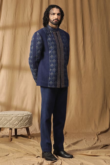 Shop_Kudrat Couture_Blue Georgette Embroidered Mirror Neel Sheesh Lucknowi Bandhgala And Pant Set_Online_at_Aza_Fashions