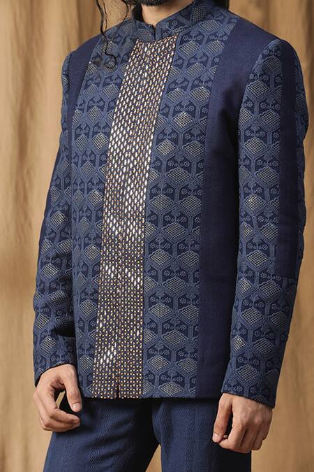 Kudrat Couture_Blue Georgette Embroidered Mirror Neel Sheesh Lucknowi Bandhgala And Pant Set_at_Aza_Fashions