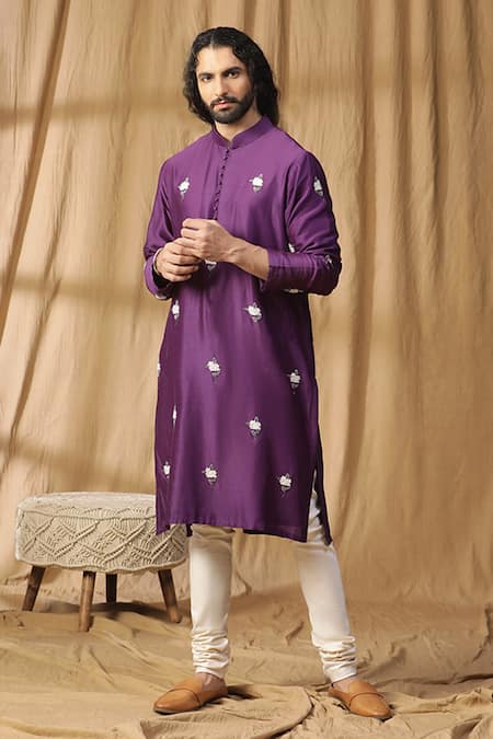 Kudrat Couture Purple Chanderi Silk Embroidered Pearl Kurta And Churidar Set 