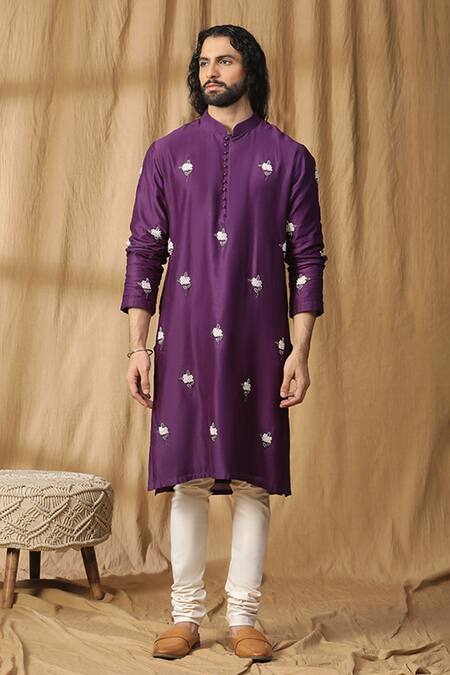 Kudrat Couture_Purple Chanderi Silk Embroidered Pearl Kurta And Churidar Set_Online_at_Aza_Fashions