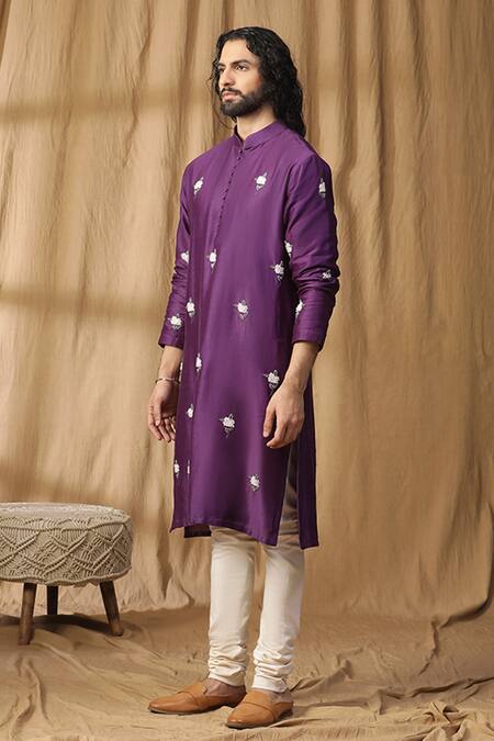 Shop_Kudrat Couture_Purple Chanderi Silk Embroidered Pearl Kurta And Churidar Set_Online_at_Aza_Fashions