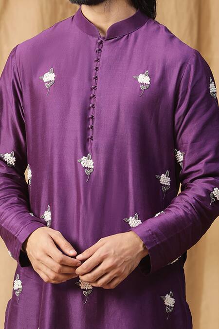 Kudrat Couture_Purple Chanderi Silk Embroidered Pearl Kurta And Churidar Set_at_Aza_Fashions