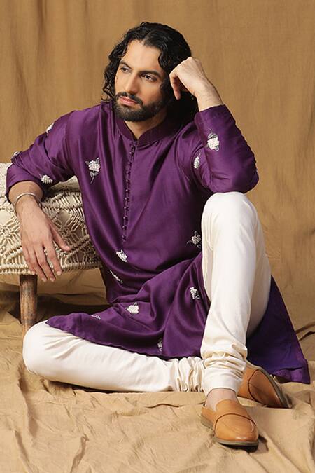 Buy_Kudrat Couture_Purple Chanderi Silk Embroidered Pearl Kurta And Churidar Set