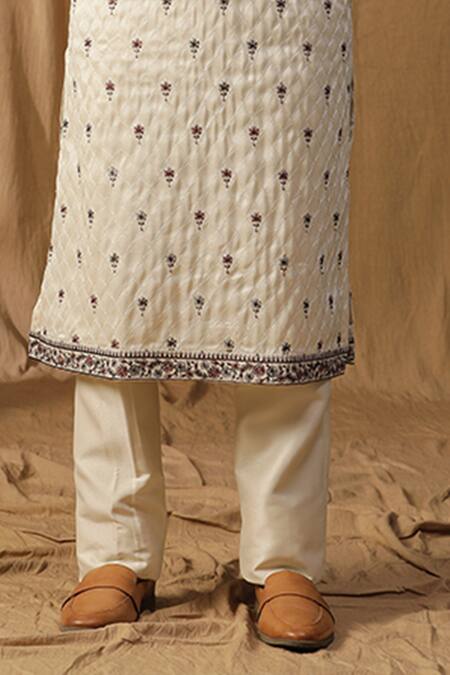 Kudrat Couture_Off White Silk Embroidered Thread Kurta And Pant Set_Online_at_Aza_Fashions