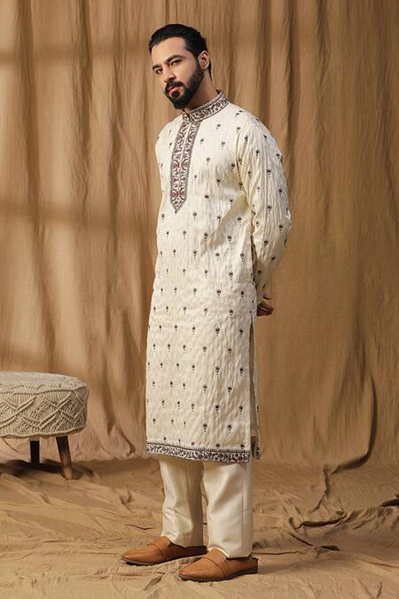 Buy_Kudrat Couture_Off White Silk Embroidered Thread Kurta And Pant Set_Online_at_Aza_Fashions