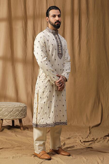 Shop_Kudrat Couture_Off White Silk Embroidered Thread Kurta And Pant Set_Online_at_Aza_Fashions