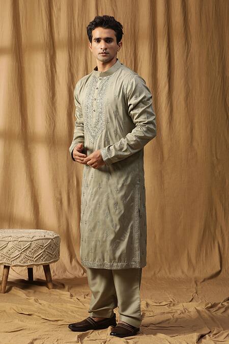 Kudrat Couture_Green Silk Embroidered Bead Rooh Kurta And Salwar Set_Online_at_Aza_Fashions