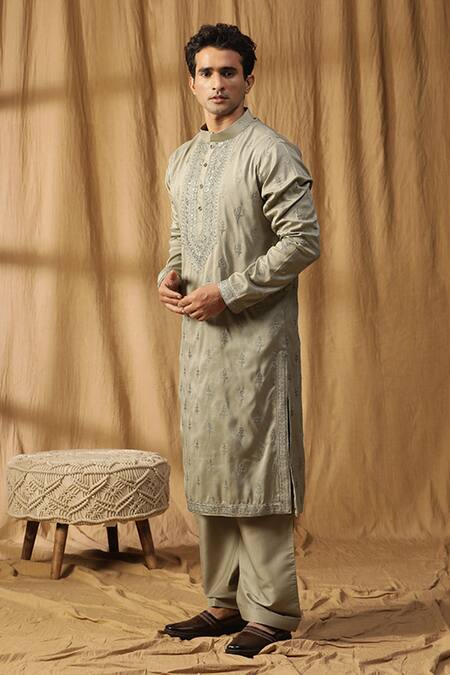 Shop_Kudrat Couture_Green Silk Embroidered Bead Rooh Kurta And Salwar Set_Online_at_Aza_Fashions