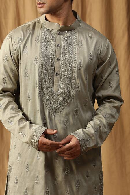 Kudrat Couture_Green Silk Embroidered Bead Rooh Kurta And Salwar Set_at_Aza_Fashions