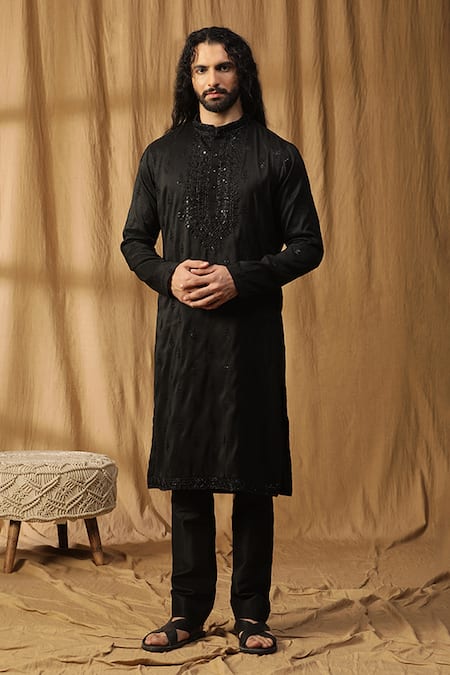 Kudrat Couture Black Silk Embroidered Zardosi Rooh Chanderi Motif Kurta And Pant Set 