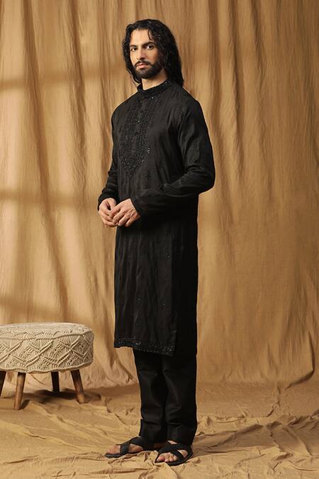 Kudrat Couture_Black Silk Embroidered Zardosi Rooh Chanderi Motif Kurta And Pant Set_Online_at_Aza_Fashions