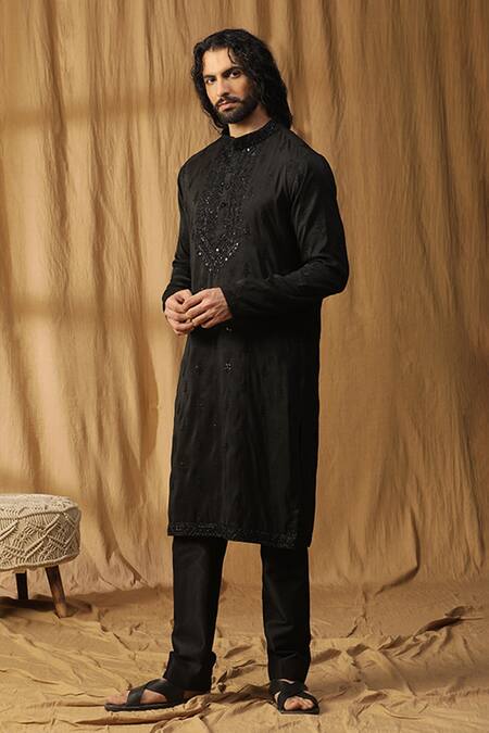 Buy_Kudrat Couture_Black Silk Embroidered Zardosi Rooh Chanderi Motif Kurta And Pant Set_Online_at_Aza_Fashions