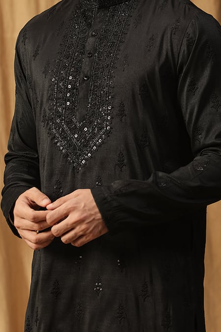 Shop_Kudrat Couture_Black Silk Embroidered Zardosi Rooh Chanderi Motif Kurta And Pant Set_Online_at_Aza_Fashions