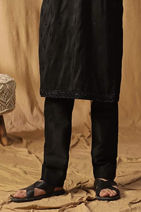 Kudrat Couture_Black Silk Embroidered Zardosi Rooh Chanderi Motif Kurta And Pant Set_at_Aza_Fashions