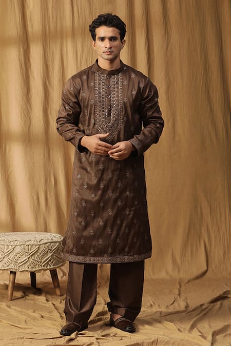 Kudrat Couture Brown Silk Embroidered Bead Rooh Kurta And Salwar Set 