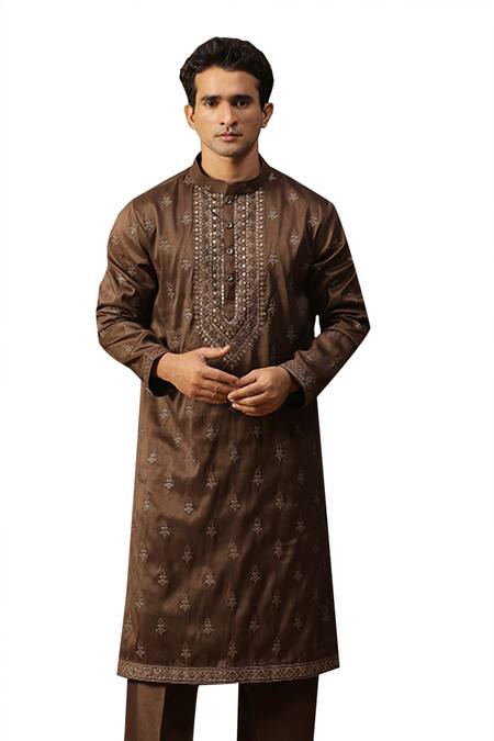 Kudrat Couture_Brown Silk Embroidered Bead Rooh Kurta And Salwar Set_Online_at_Aza_Fashions
