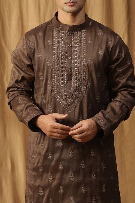 Kudrat Couture_Brown Silk Embroidered Bead Rooh Kurta And Salwar Set_at_Aza_Fashions