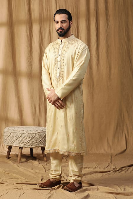 Kudrat Couture Yellow Silk Embroidered Zardosi Rooh Chanderi Kurta And Salwar Set 