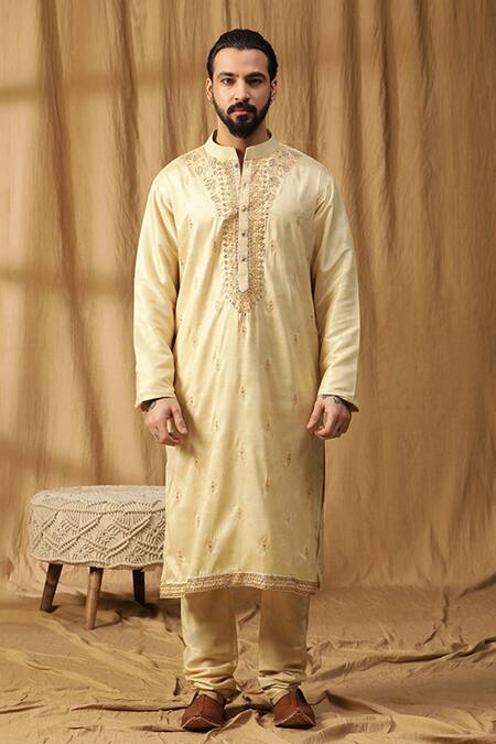 Kudrat Couture_Yellow Silk Embroidered Zardosi Rooh Chanderi Kurta And Salwar Set_Online_at_Aza_Fashions
