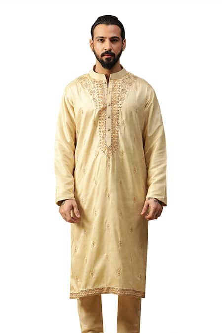 Buy_Kudrat Couture_Yellow Silk Embroidered Zardosi Rooh Chanderi Kurta And Salwar Set_Online_at_Aza_Fashions