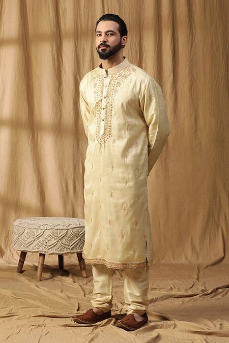 Kudrat Couture_Yellow Silk Embroidered Zardosi Rooh Chanderi Kurta And Salwar Set_at_Aza_Fashions