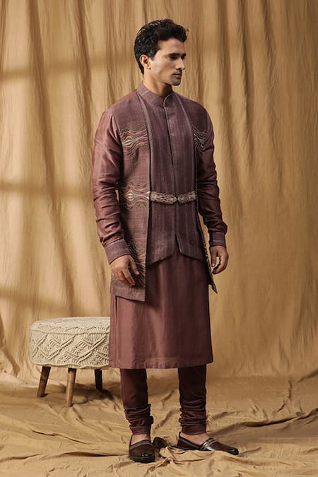 Shop_Kudrat Couture_Purple Chanderi Silk Embroidered Dori Lehar Panel Kurta And Churidar Set_Online_at_Aza_Fashions
