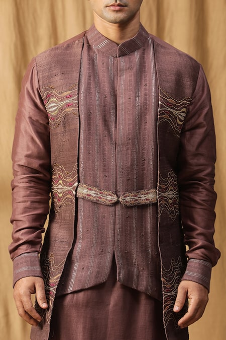 Kudrat Couture_Purple Chanderi Silk Embroidered Dori Lehar Panel Kurta And Churidar Set_at_Aza_Fashions