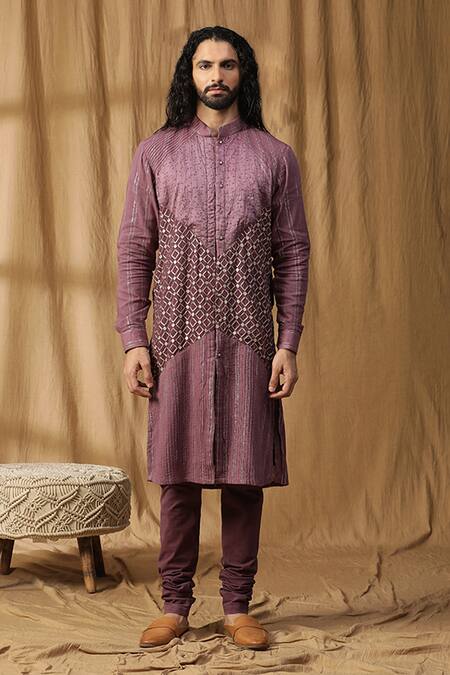 Kudrat Couture_Purple Chanderi Silk Embroidered Moti Panel Kurta And Churidar Set_Online_at_Aza_Fashions