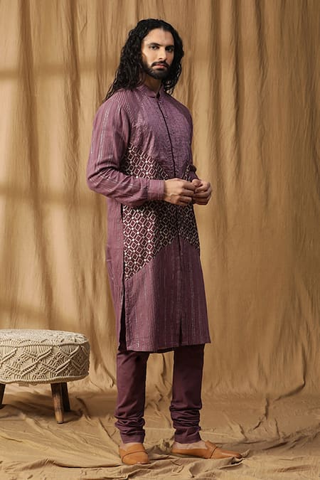 Shop_Kudrat Couture_Purple Chanderi Silk Embroidered Moti Panel Kurta And Churidar Set_Online_at_Aza_Fashions