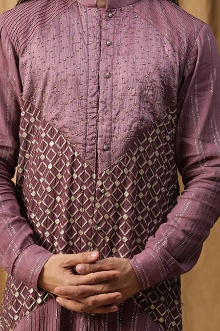 Kudrat Couture_Purple Chanderi Silk Embroidered Moti Panel Kurta And Churidar Set_at_Aza_Fashions