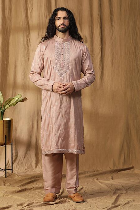 Buy_Kudrat Couture_Pink Silk Embroidered Zardosi Ruuh Rose Kurta And Salwar Set_Online_at_Aza_Fashions