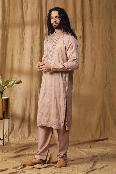 Shop_Kudrat Couture_Pink Silk Embroidered Zardosi Ruuh Rose Kurta And Salwar Set_Online_at_Aza_Fashions