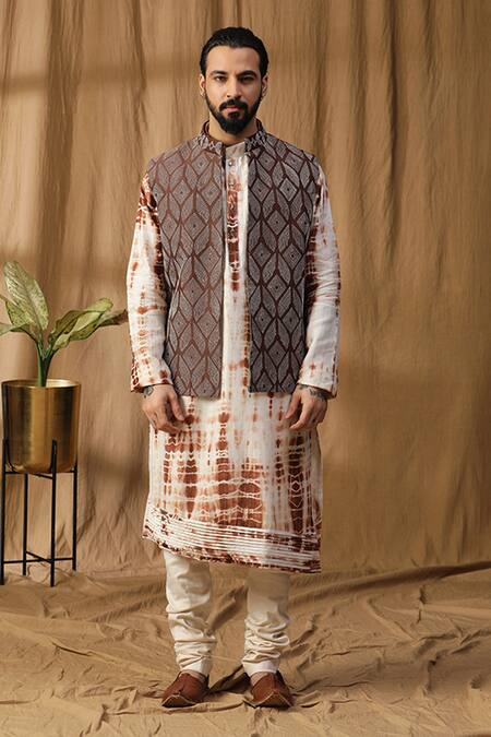 Buy_Kudrat Couture_Brown Chanderi Silk Embroidered Resham Geometric Bundi Kurta Set_Online_at_Aza_Fashions