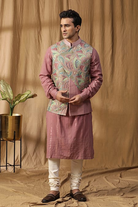 Kudrat Couture Pink Silk Embroidered Thread Asymmetric Bundi Kurta Set 