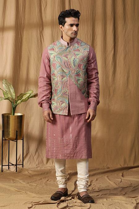 Kudrat Couture_Pink Silk Embroidered Thread Asymmetric Bundi Kurta Set_Online_at_Aza_Fashions