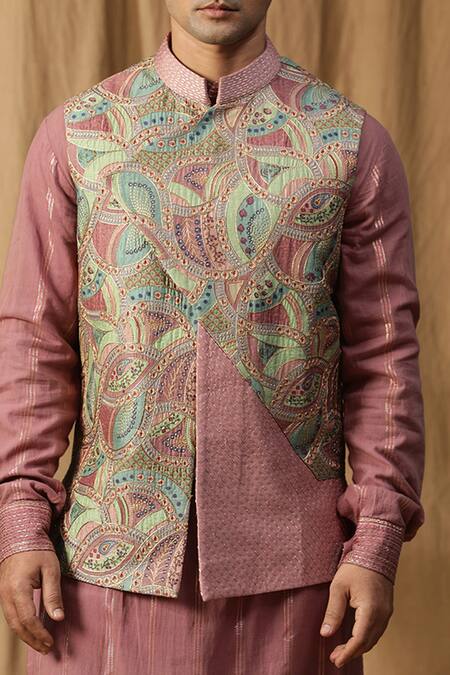 Shop_Kudrat Couture_Pink Silk Embroidered Thread Asymmetric Bundi Kurta Set_Online_at_Aza_Fashions
