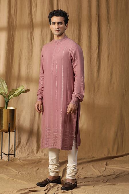 Kudrat Couture_Pink Silk Embroidered Thread Asymmetric Bundi Kurta Set_at_Aza_Fashions