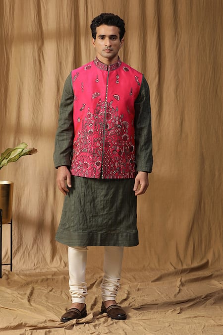 Kudrat Couture Pink Silk Embroidered Thread Vanraaj Dual Toned Bundi Kurta Set 