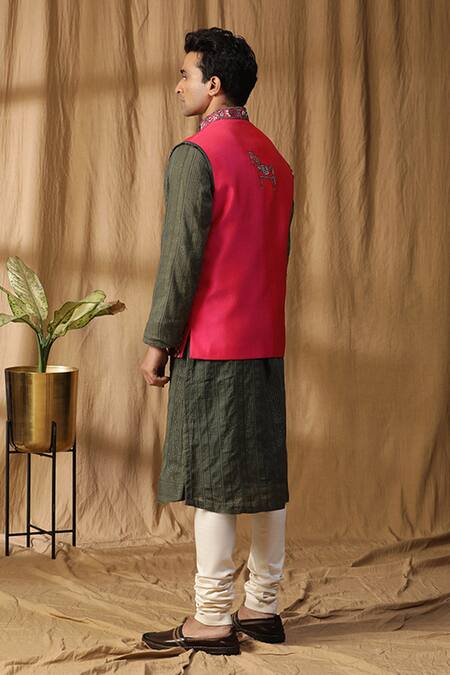 Buy_Kudrat Couture_Pink Silk Embroidered Thread Dual Toned Bundi Kurta Set_Online_at_Aza_Fashions