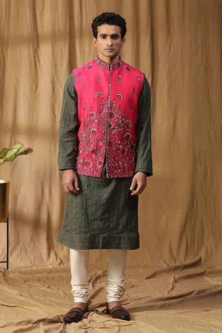 Shop_Kudrat Couture_Pink Silk Embroidered Thread Dual Toned Bundi Kurta Set_Online_at_Aza_Fashions
